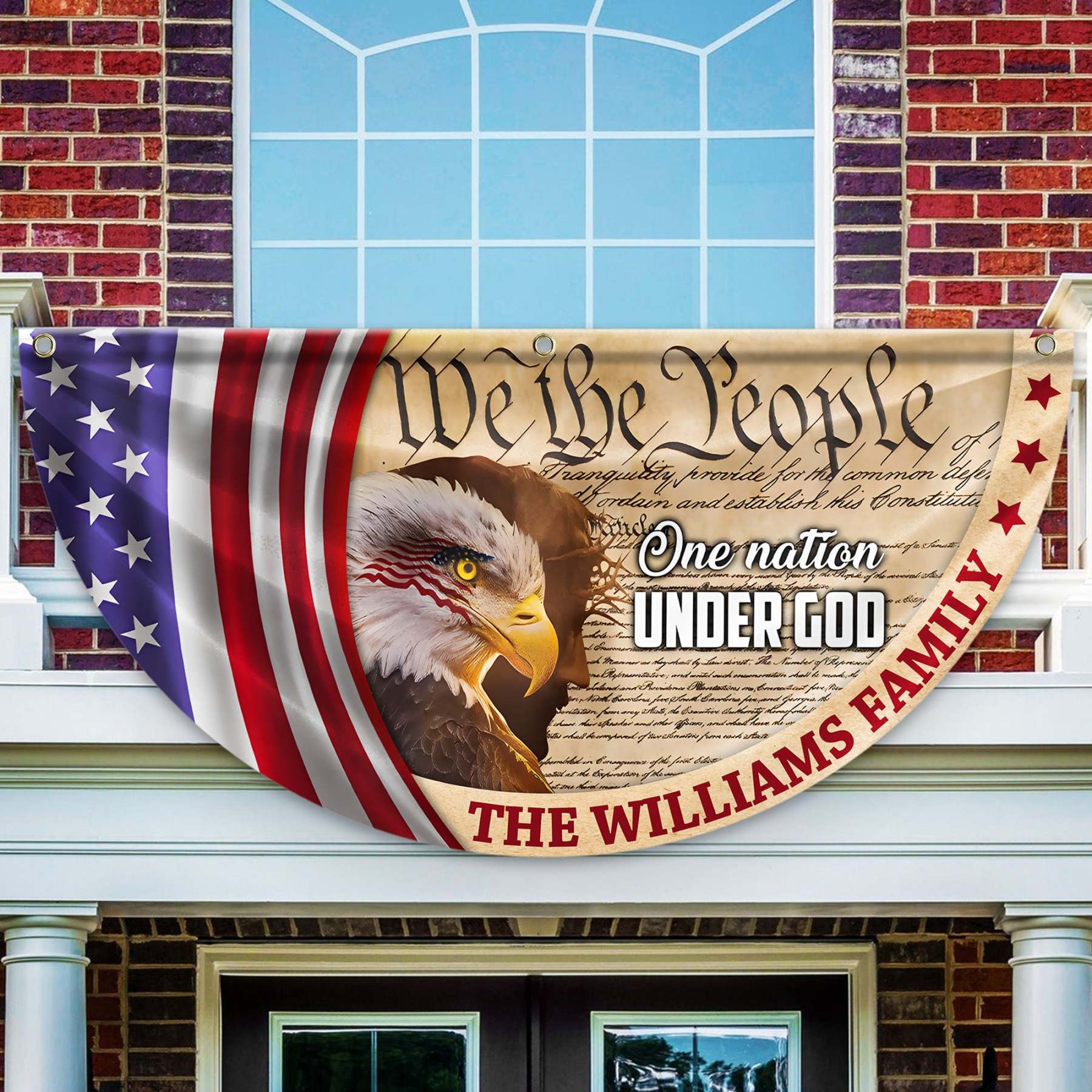 Personalized 250 Years of Freedom America Flag Personalized America 250th Anniversary Bunting Flag Personalized We The People, One Nation Under God, American Eagle Jesus Non-Pleated Fan Flag