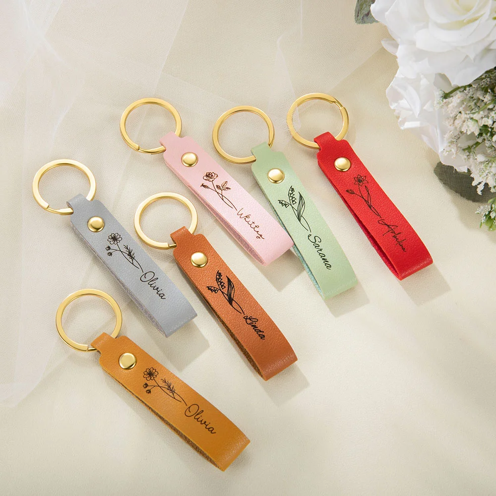 Personalized Birth Flower PU Leather Keychain with Engraved Name Wedding Party Birthday Gift for Her
