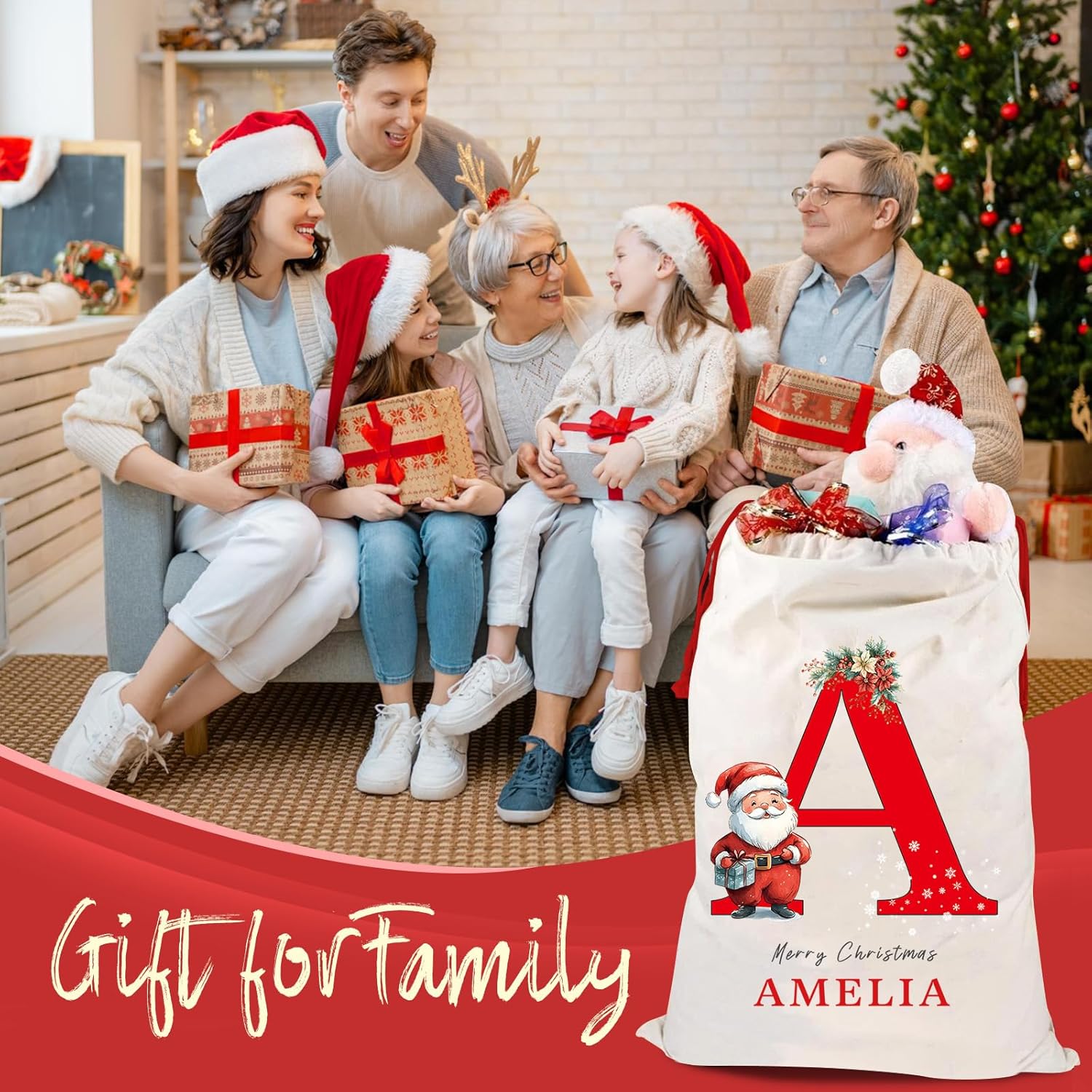 Personalized Christmas Santa Sack, Custom Xmas Canvas Drawstring Bags with Initial & Name for Kids, Christmas Gift Doll Bags for Holiday Presents Christmas Eve Box Large Sack Bag