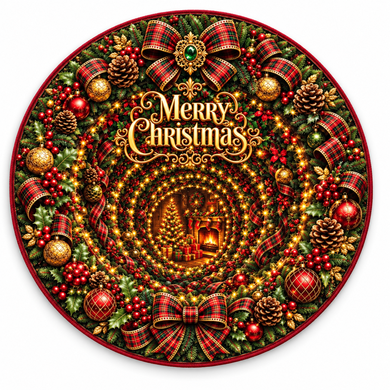 Christmas 3D Vortex Optical Illusion Round Rug Non-Slip Decorative Floor Mat, Winter Snow Forest Deer Snowman Vintage Red Truck Cabin Wreath Pattern, Indoor Holiday Home Decor Gift For Family, Christmas Enthusiasts