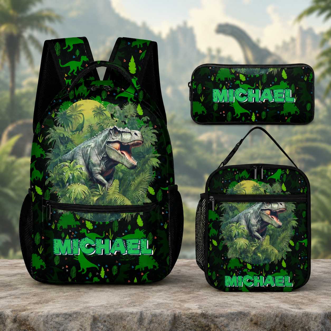 Dinosaur in Tropical Forest Custom Backpack - Personalized Name