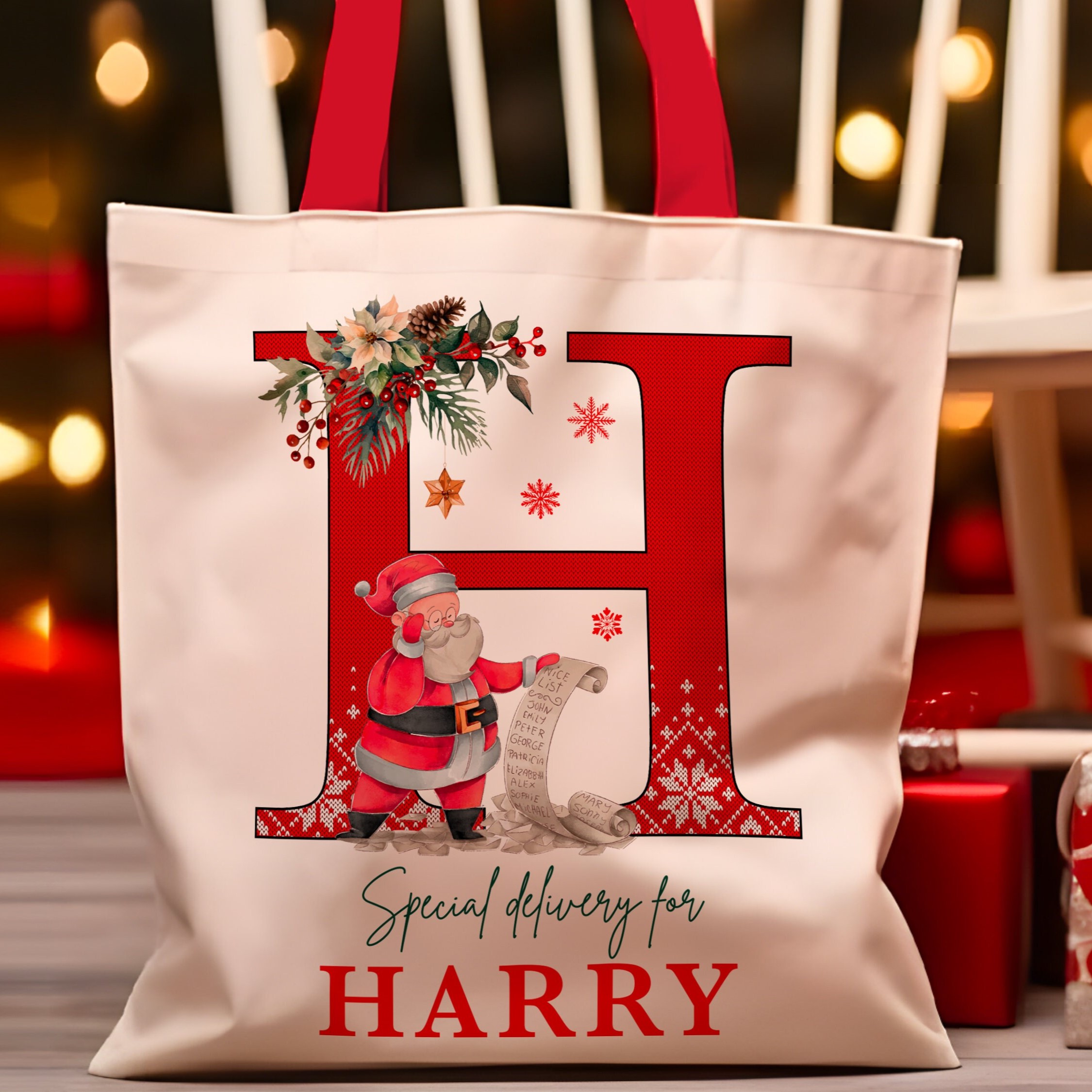 Personalized Initial Christmas Canvas Gift Bag, Custom Santa Sack 13"x16" for Holiday Presents