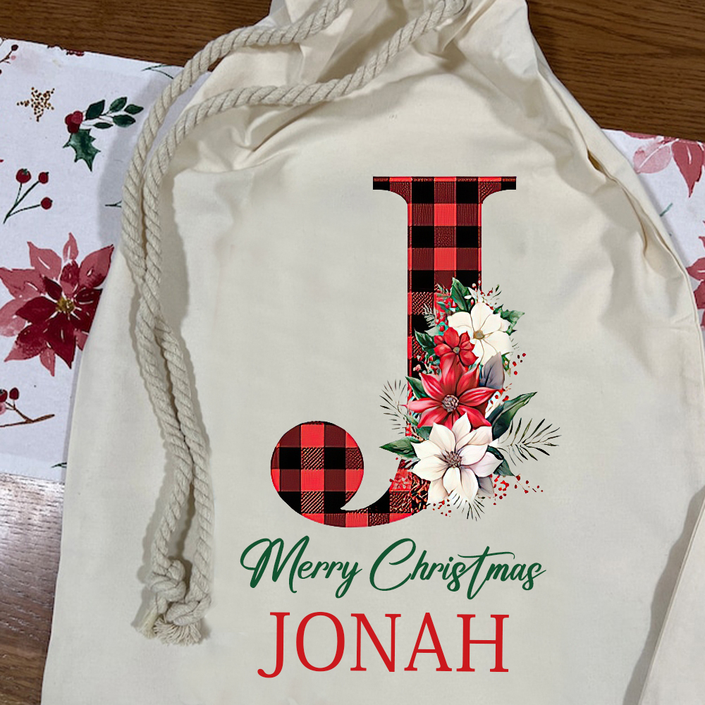 Personalized Christmas Santa Sack, Custom Plaid Initial & Name Gift Bag, Cotton Holiday Present Sack for Kids & Adults