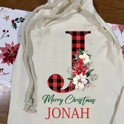 Personalized Christmas Santa Sack, Custom Plaid Initial & Name Gift Bag, Cotton Holiday Present Sack for Kids & Adults