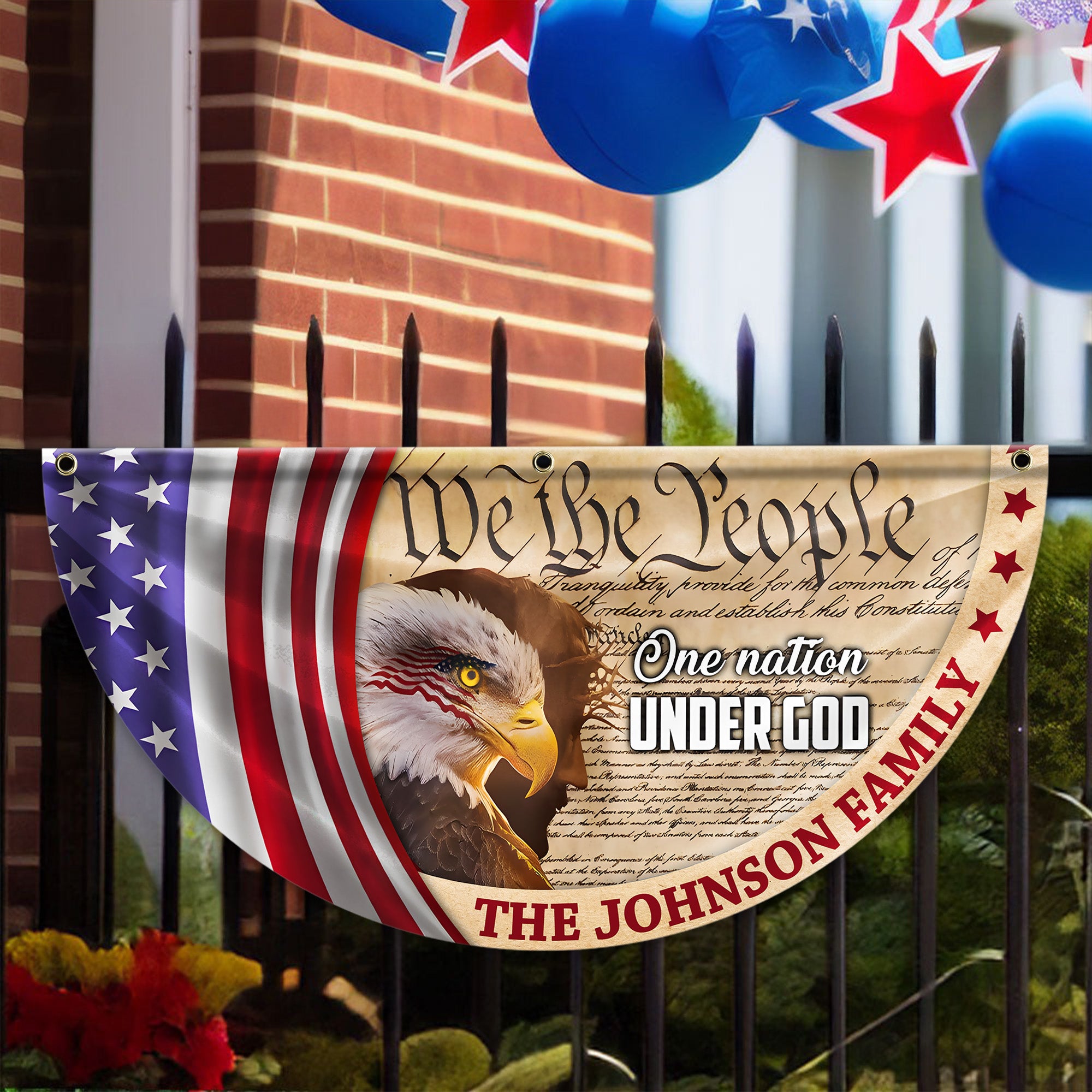 Personalized 250 Years of Freedom America Flag Personalized America 250th Anniversary Bunting Flag Personalized We The People, One Nation Under God, American Eagle Jesus Non-Pleated Fan Flag