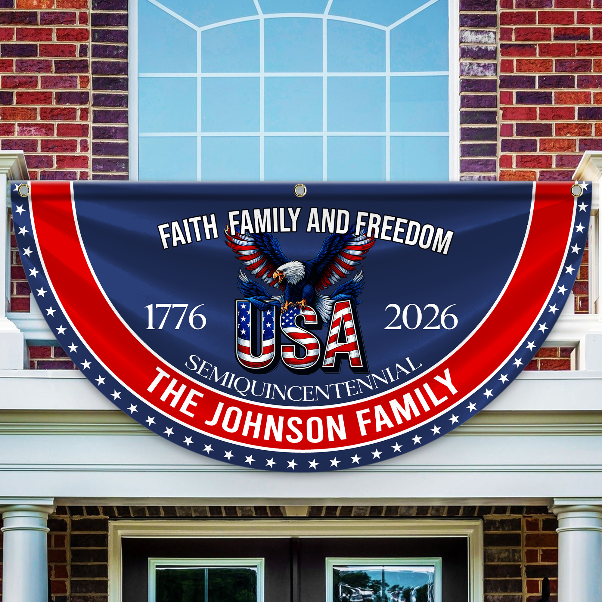 Personalized America 250th Anniversary Bunting Flag Custom Family Name Faith, Family & Freedom America 250 Years Non-Pleated Fan Flag CH07 910236
