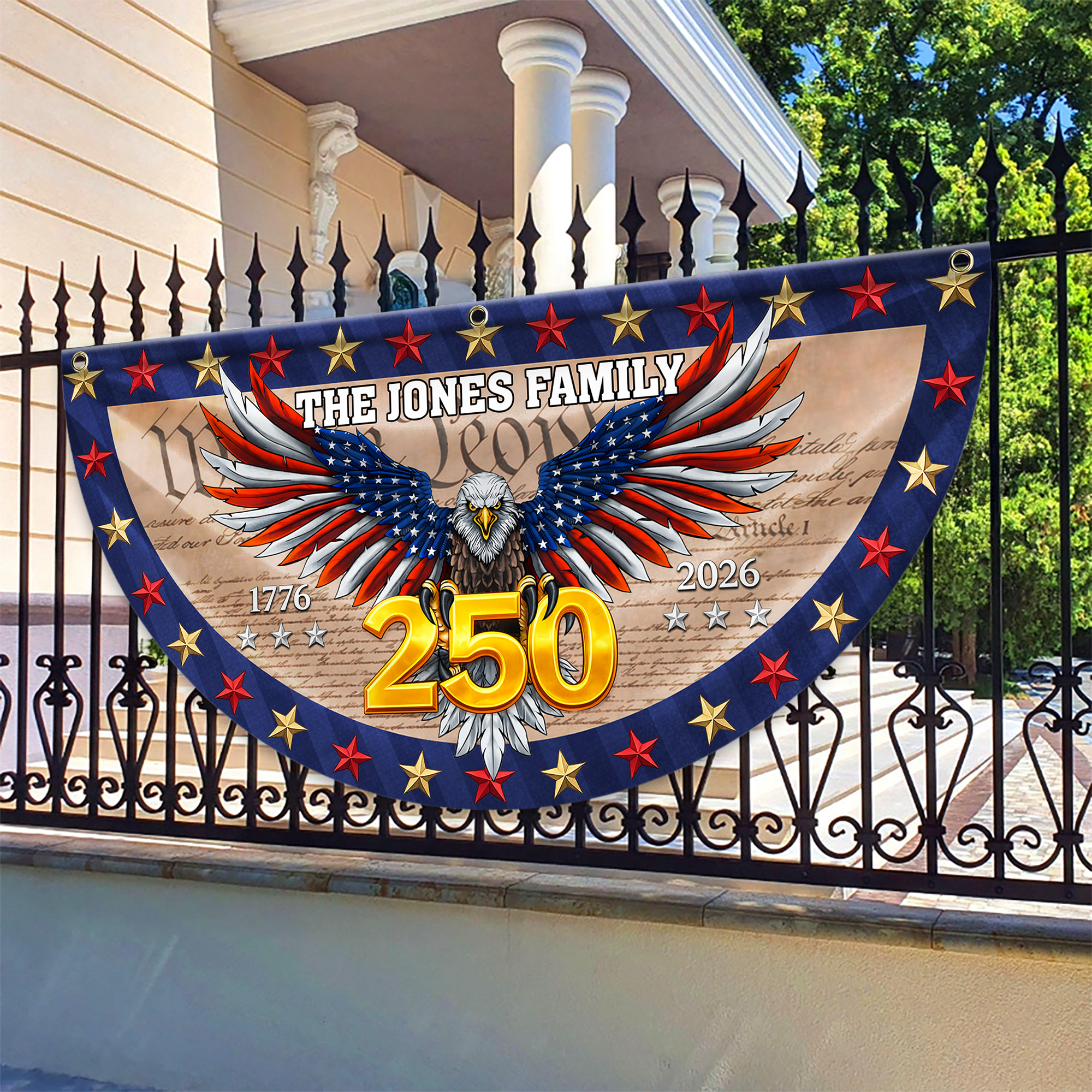 Personalized America 250th Anniversary Bunting Flag Custom Family Name American Flag - We The People Patriotic Eagle Non-Pleated Fan Flag