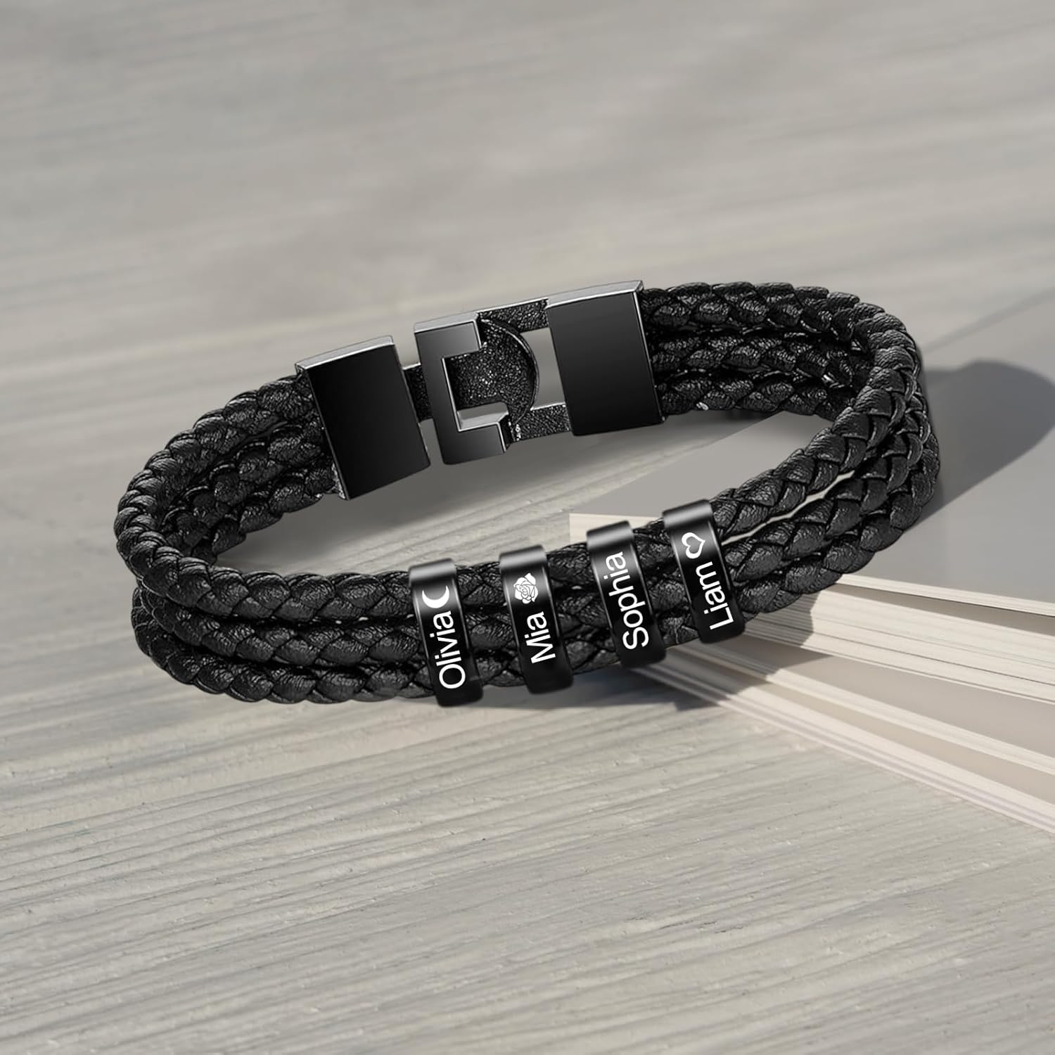 Personalized Mens Leather Bracelet with Custom Beads | Custom Father's Day Gifts for Dad from Daughter and Son | Customized Braid Leather Bracelet Engraved with 1-8 Names for Men