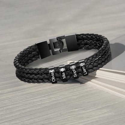 Personalized Mens Leather Bracelet with Custom Beads | Custom Father's Day Gifts for Dad from Daughter and Son | Customized Braid Leather Bracelet Engraved with 1-8 Names for Men