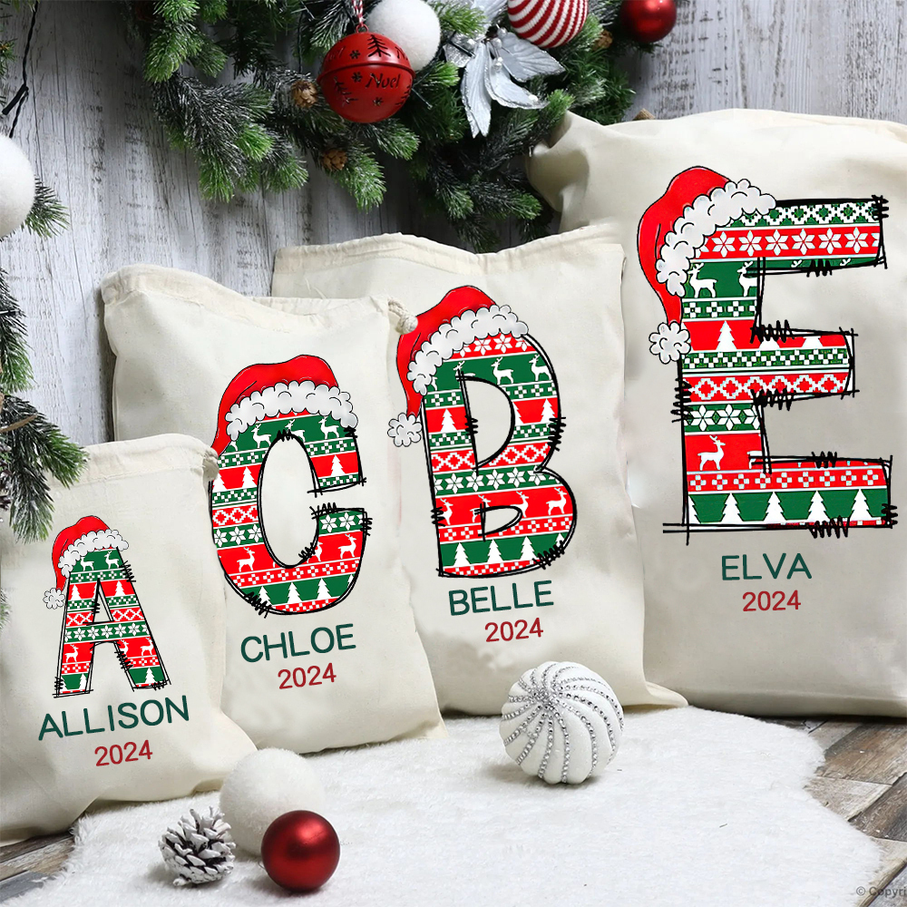 Personalized Christmas Santa Sack, Custom Initial & Name Cotton Gift Bag, Reusable Holiday Present Sack for Kids & Adults