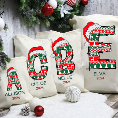 Personalized Christmas Santa Sack, Custom Initial & Name Gift Bag, Holiday Cotton Present Sack for Kids & Adults