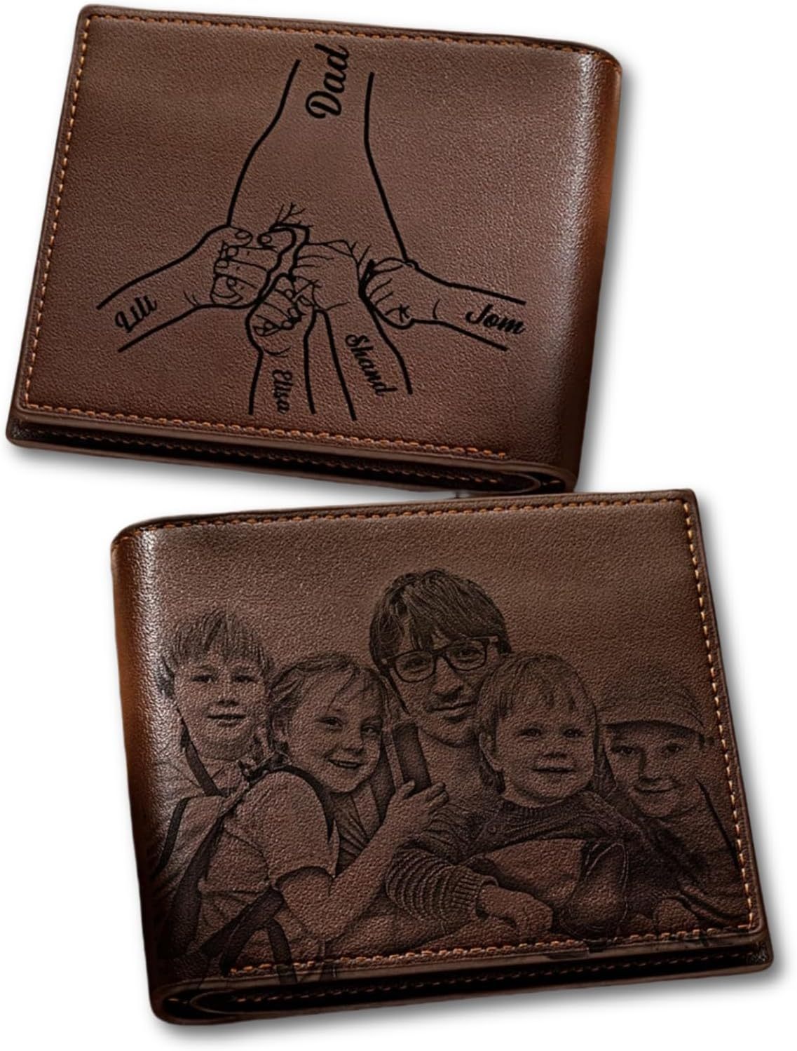 Custom Wallets for Men, Personalized Photo & Name Wallet for Men One Fist Bump Engraved Leather Wallet for Dad Husband Son BF Groomsmen Birthday Anniversary Christmas Father's Day Gifts