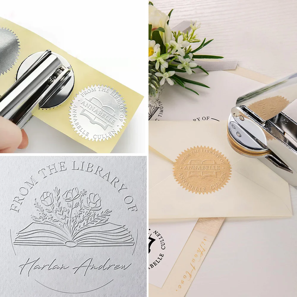 Custom Book Embosser, Personalized Embosser Stamp, Personal Library Embosser Create Unique Name Logo Design, Floral Book Stamp Seal for Wedding Business Envelope, Teacher Book Lover Gift