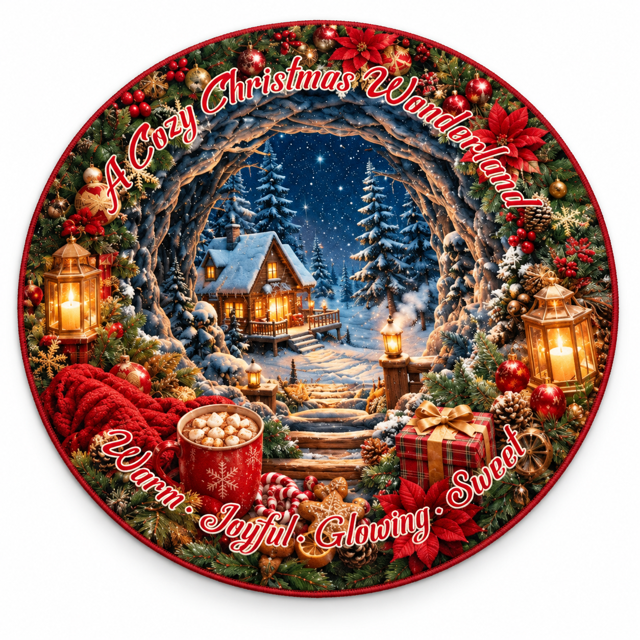 Christmas 3D Vortex Optical Illusion Round Rug Non-Slip Decorative Floor Mat, Winter Snow Forest Deer Snowman Vintage Red Truck Cabin Wreath Pattern, Indoor Holiday Home Decor Gift For Family, Christmas Enthusiasts