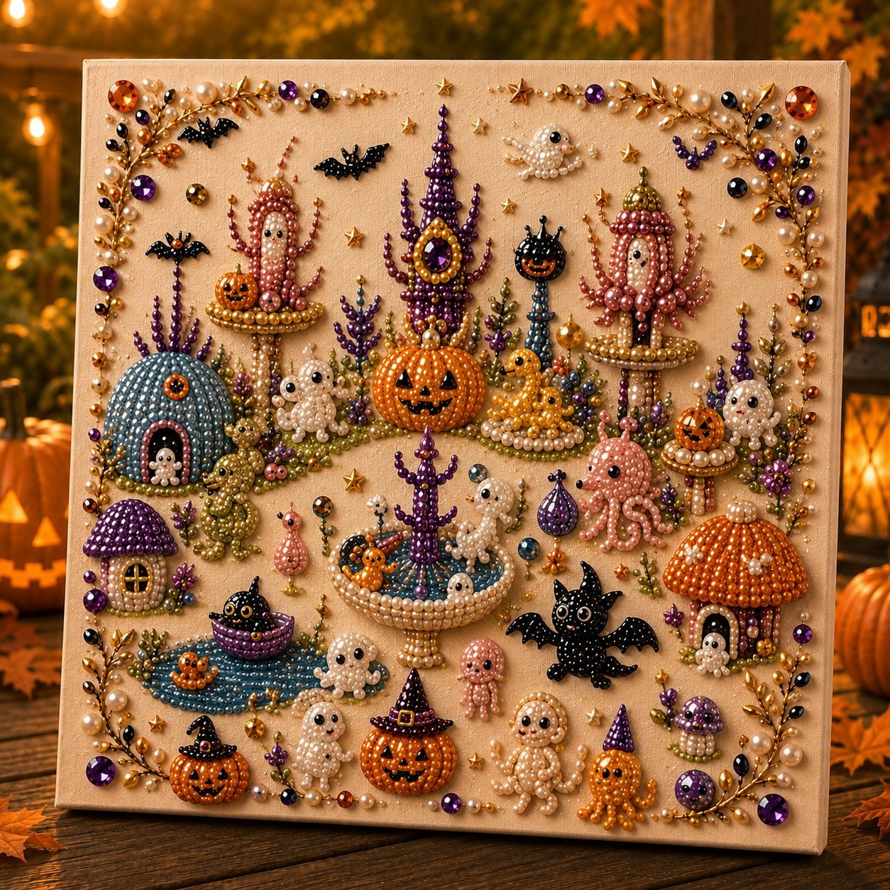 🎃👻 Premium 3D Pearl Halloween Wall Art Kit | Luxury Flocked Canvas with Scratch-Resistant Non-Fading Pearl Beads DIY Spooky Decor