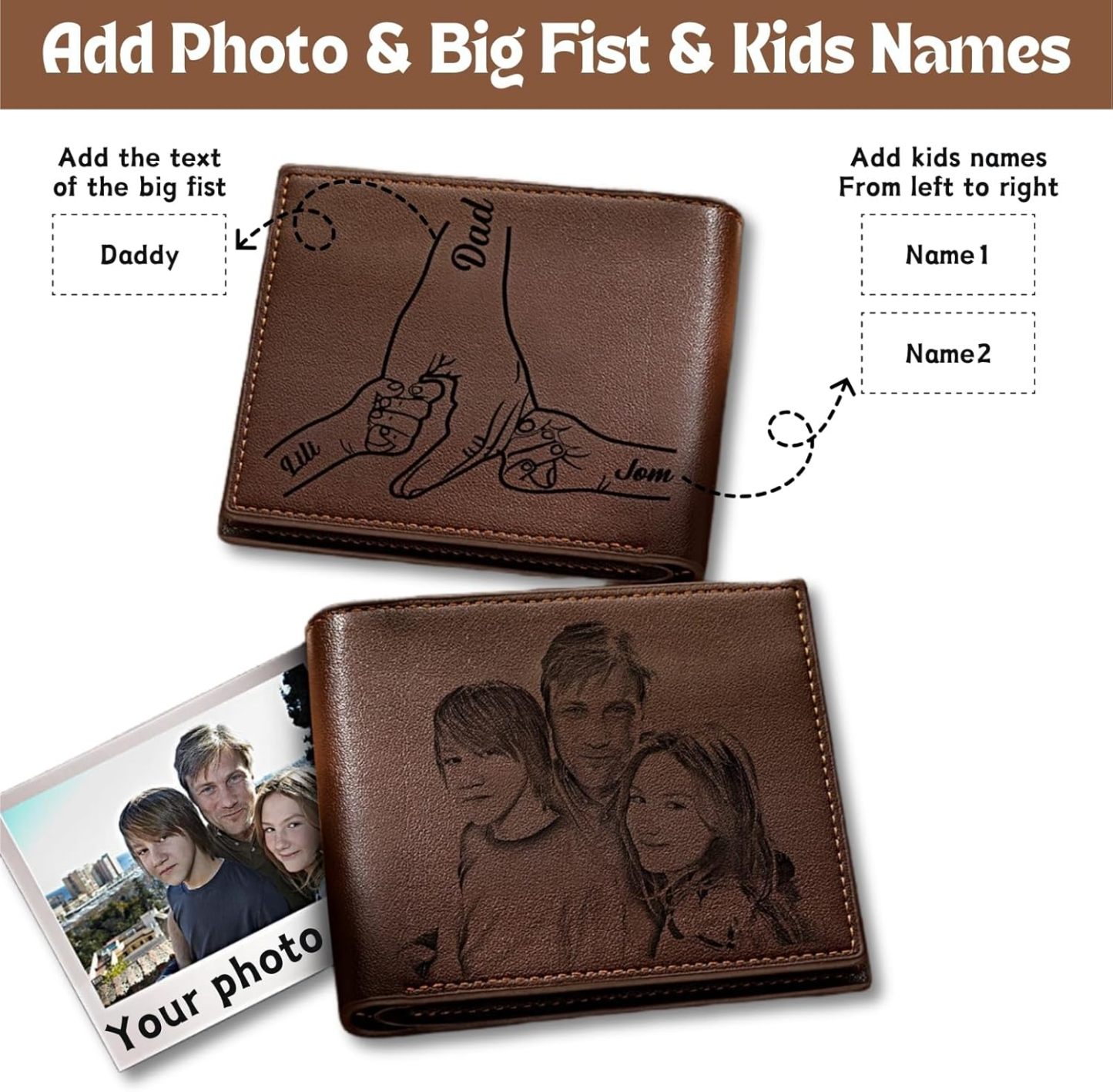 Custom Wallets for Men, Personalized Photo & Name Wallet for Men One Fist Bump Engraved Leather Wallet for Dad Husband Son BF Groomsmen Birthday Anniversary Christmas Father's Day Gifts