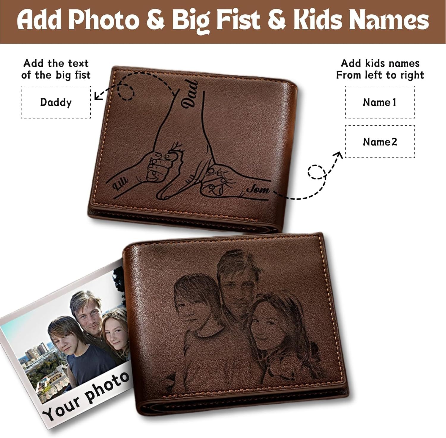 Custom Wallets for Men, Personalized Photo & Name Wallet for Men One Fist Bump Engraved Leather Wallet for Dad Husband Son BF Groomsmen Birthday Anniversary Christmas Father's Day Gifts