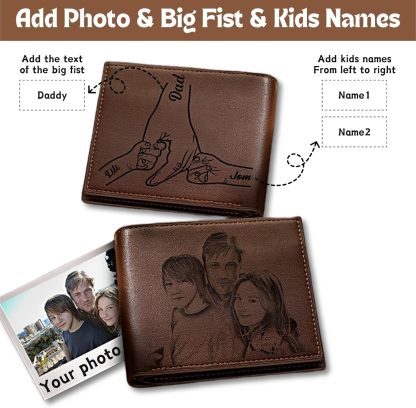 Custom Wallets for Men, Personalized Photo & Name Wallet for Men One Fist Bump Engraved Leather Wallet for Dad Husband Son BF Groomsmen Birthday Anniversary Christmas Father's Day Gifts
