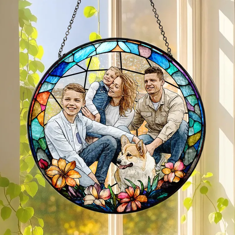 Custom Stained Glass Photo Suncatcher, Personalized Family Portrait Window Hanging, Unique Picture Gift