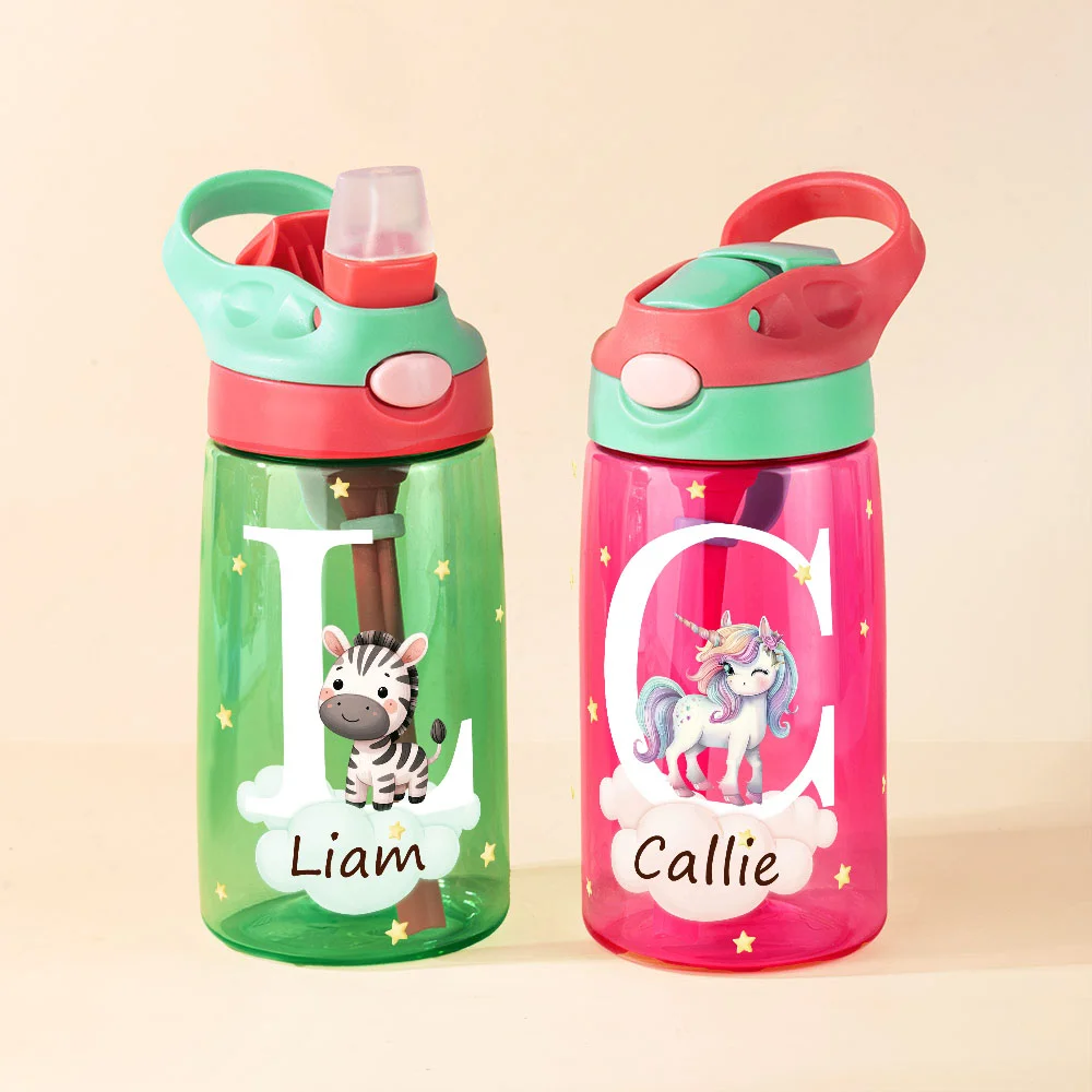 Personalized Adorable Forest Animal 16 oz Kid Water Bottle with Name and Silicone Straw Birthday Back to School Gift for Boys Girls