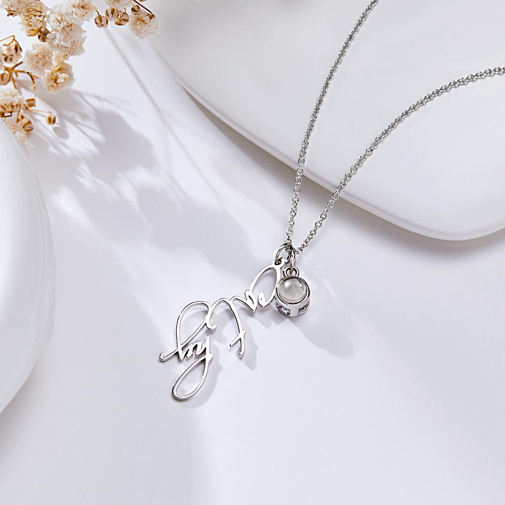 Personalized Photo Projection Custom Name Pendant Necklace in Silver Gold Rose Gold and Elegant Cable Style Chain