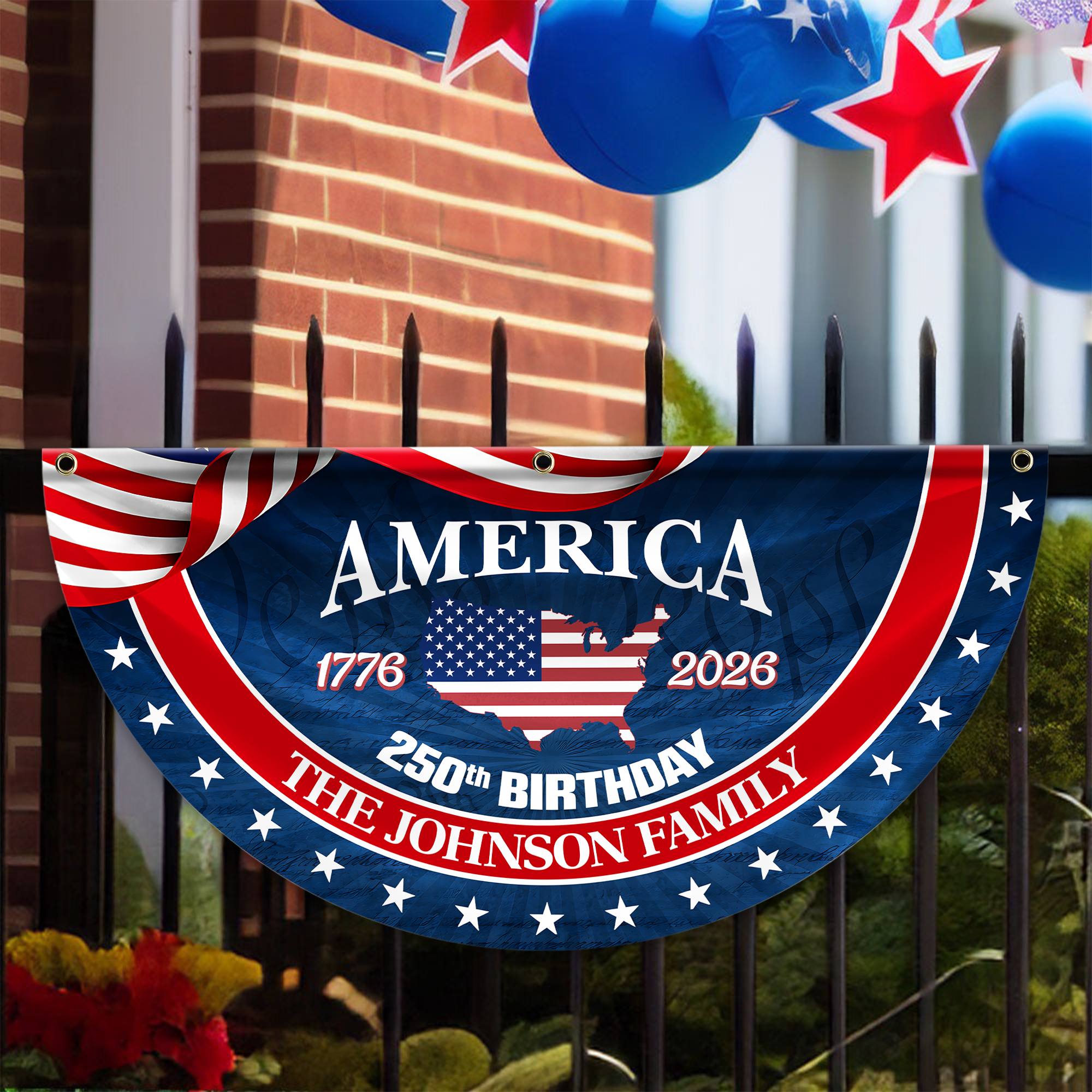 Personalized America 250th Anniversary Bunting Flag Custom Family Name America 250 Birthday 1776-2026 Non-Pleated Fan Flag
