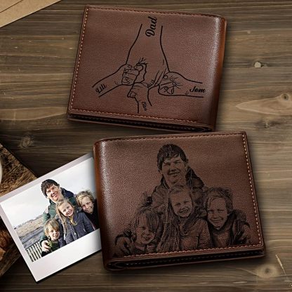 Custom Wallets for Men, Personalized Photo & Name Wallet for Men One Fist Bump Engraved Leather Wallet for Dad Husband Son BF Groomsmen Birthday Anniversary Christmas Father's Day Gifts