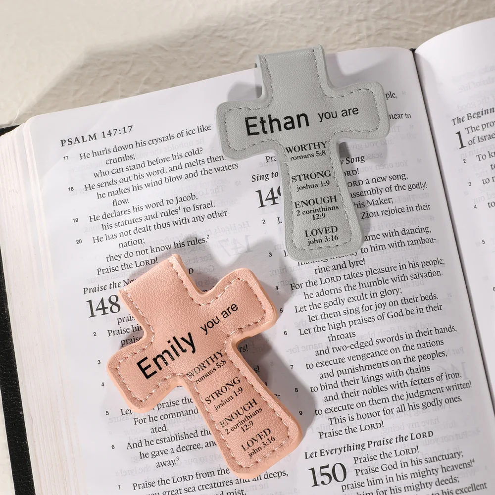 Personalized Inspirational Bible Verses Cross PU Leather Magnetic Bookmark Clip First Communion Baptism Back to School Gift for Christians Bookworms