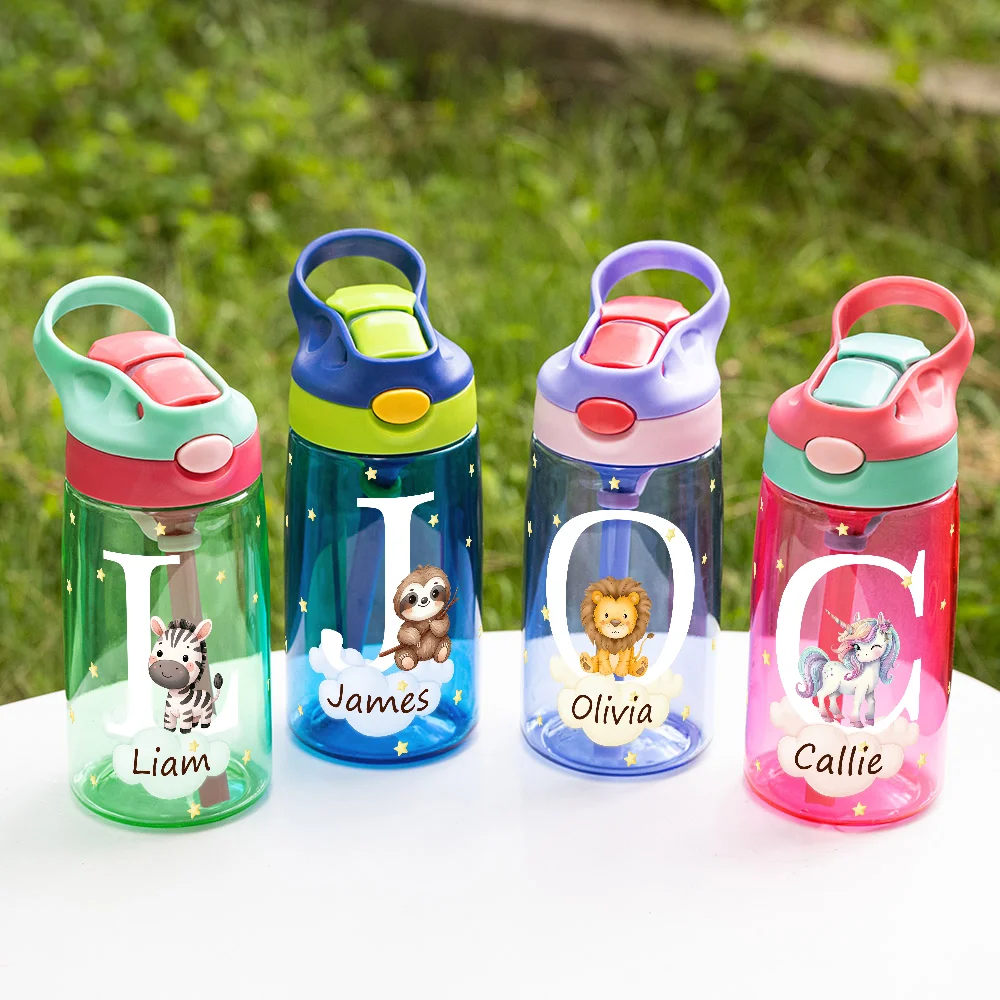 Personalized Adorable Forest Animal 16 oz Kid Water Bottle with Name and Silicone Straw Birthday Back to School Gift for Boys Girls