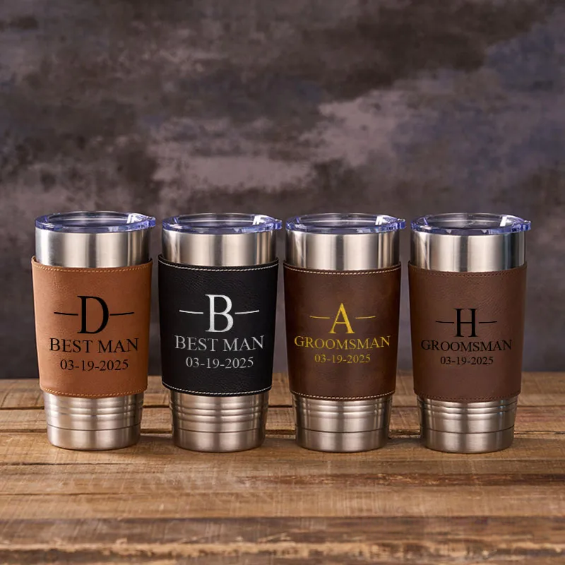 Personalized Wedding Party Tumbler Men’s 20oz Leather Tumbler Custom Groomsmen Gift Tumbler Groom Gift Best Man Bachelor Party Coffee Mugs