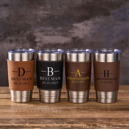 Personalized Wedding Party Tumbler Men’s 20oz Leather Tumbler Custom Groomsmen Gift Tumbler Groom Gift Best Man Bachelor Party Coffee Mugs