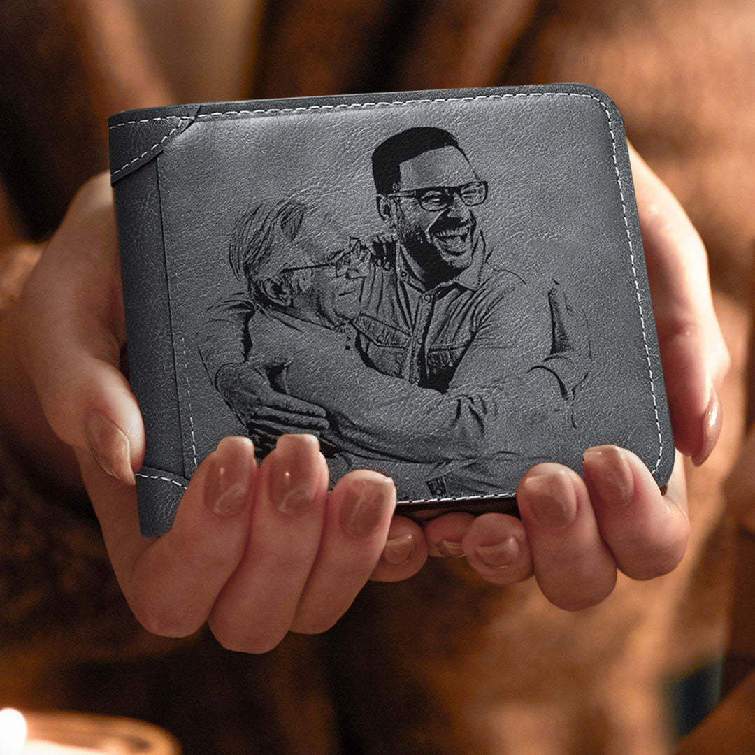 Men's Wallet Custom Photo Engraved Wallet Grey Leather Personalized Wa