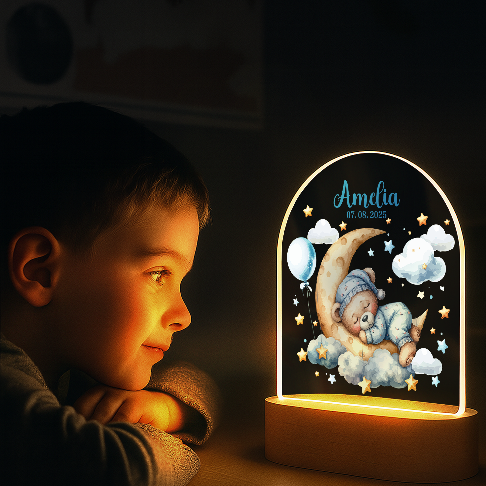 Custom Blue Bear Name Night Light – Boys Nursery Decor Lamp