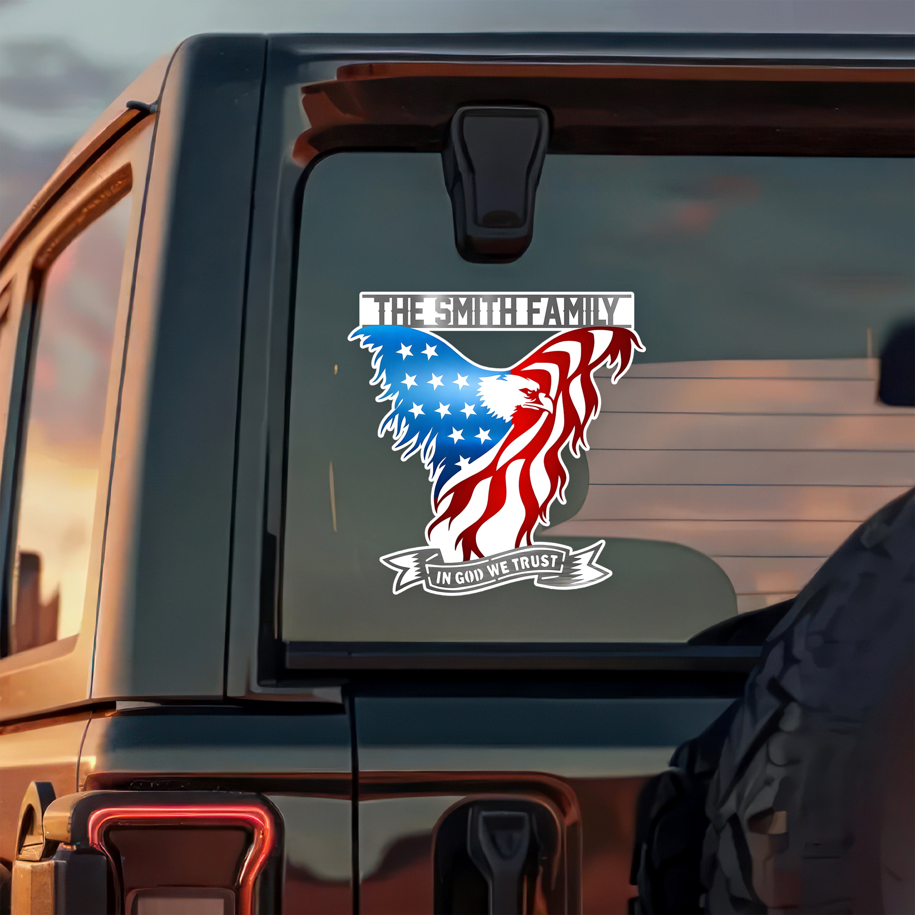 Custom Family Name American Eagle Flag In God We Trust Car Window Decal Sticker LM32 897903