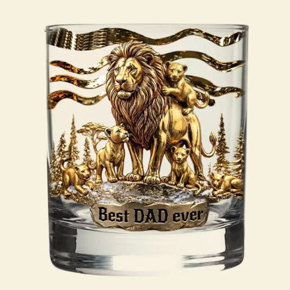 Personalized Lion Dad Whiskey Glass 2d Flat, Custom Family Name Bourbon Tumbler, Best Dad Ever Gift, Father’s Day Scotch Glass for Dad