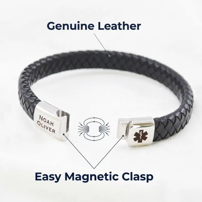 Personalised Mens Medical ID Bracelet, Engraved Leather Medical Alert, Emergency ID for Diabetes Allergy Epilepsy, Gift for Him