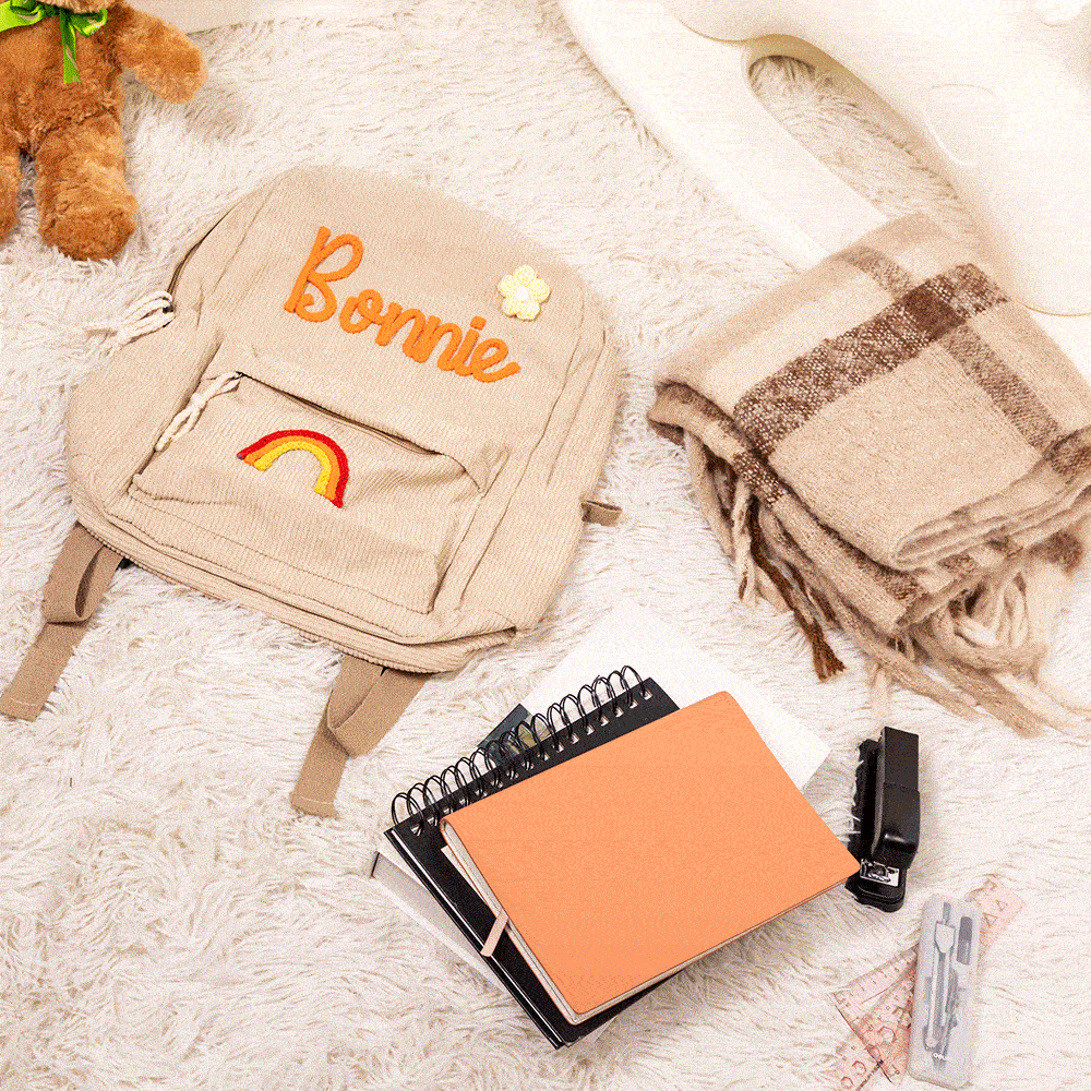 Personalized Backpack Braided Flower Rainbow Name Corduroy Backpack Birthday Gift Custom Toddler School Bag