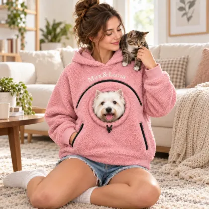 Personalized Pet Carrier Hoodie with Custom Name, Cozy Fleece Dog & Cat Carrying Sweatshirt, Hands-Free Puppy Pouch Hoodie, Small Pet Carrier Jacket, Gift for Pet Lovers