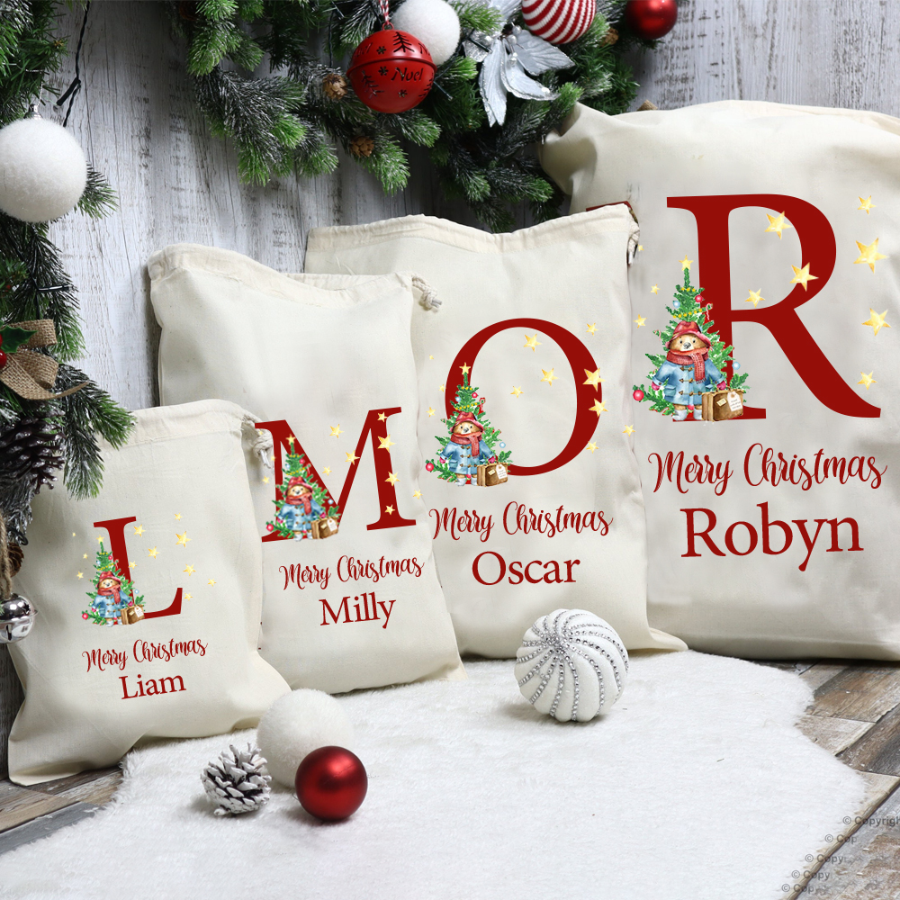 Personalized Christmas Santa Sack with Name & Initial, Custom Cotton Gift Bag with Santa Claus, Holiday Gift Sack