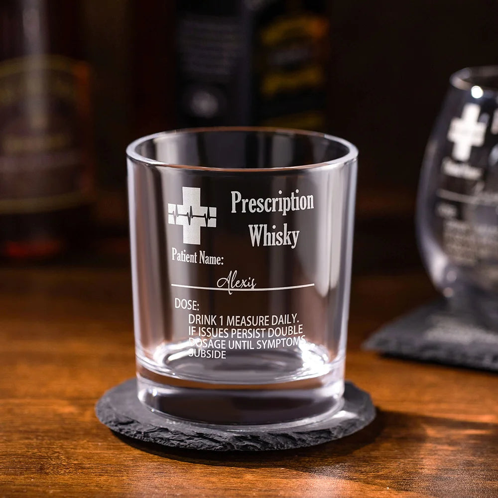 Personalized Funny Prescription Whisky Glasses and Slate Coaster with Laser Engraved Name Father's Day Gift for Him