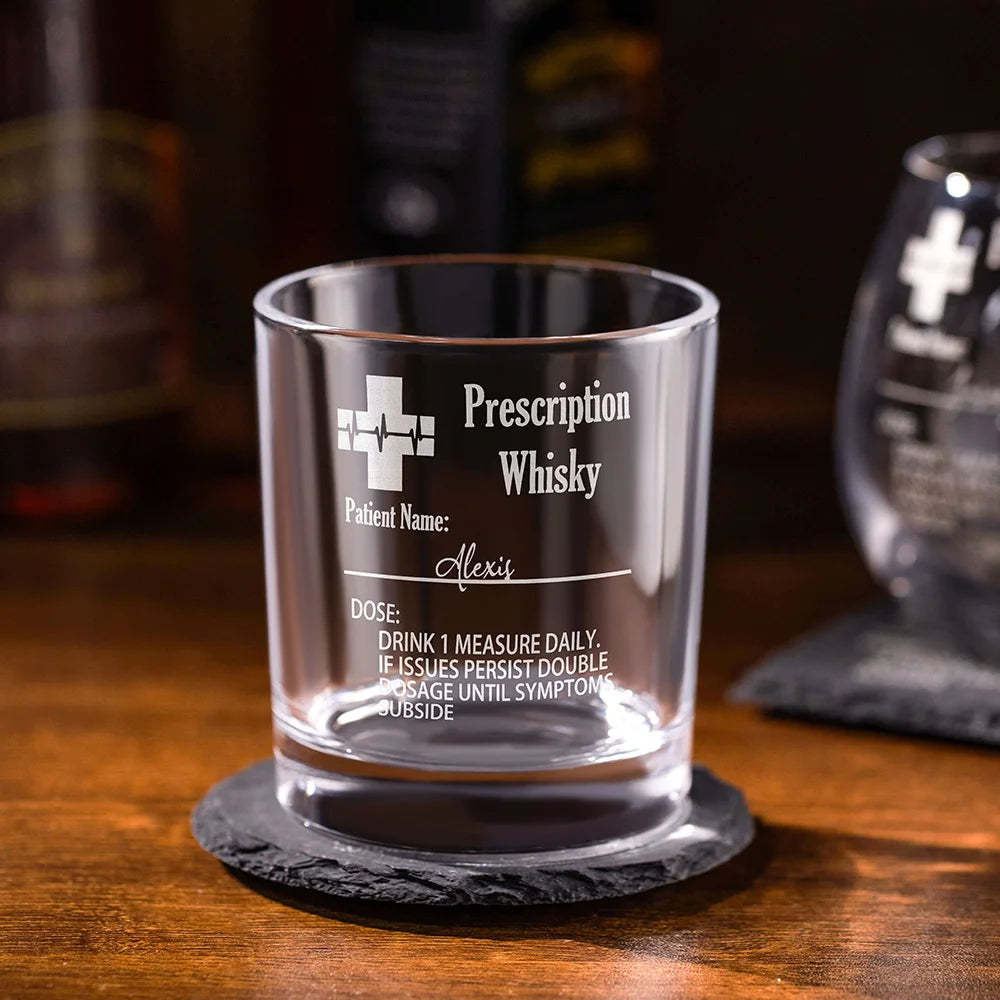 Personalized Funny Prescription Whisky Glasses and Slate Coaster with Laser Engraved Name Father's Day Gift for Him