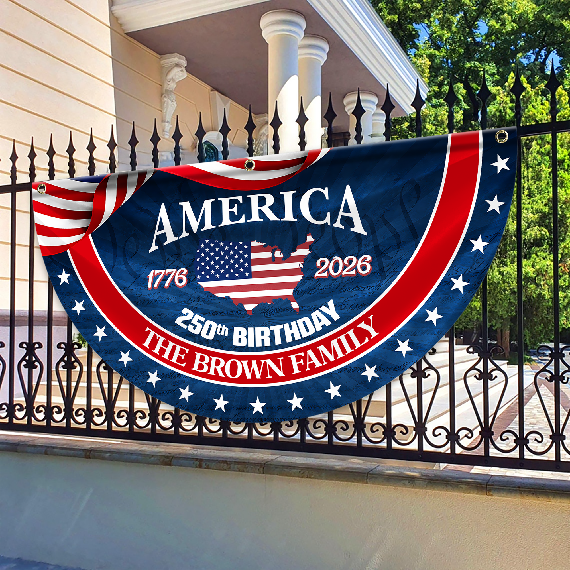 Personalized America 250th Anniversary Bunting Flag Custom Family Name America 250 Birthday 1776-2026 Non-Pleated Fan Flag