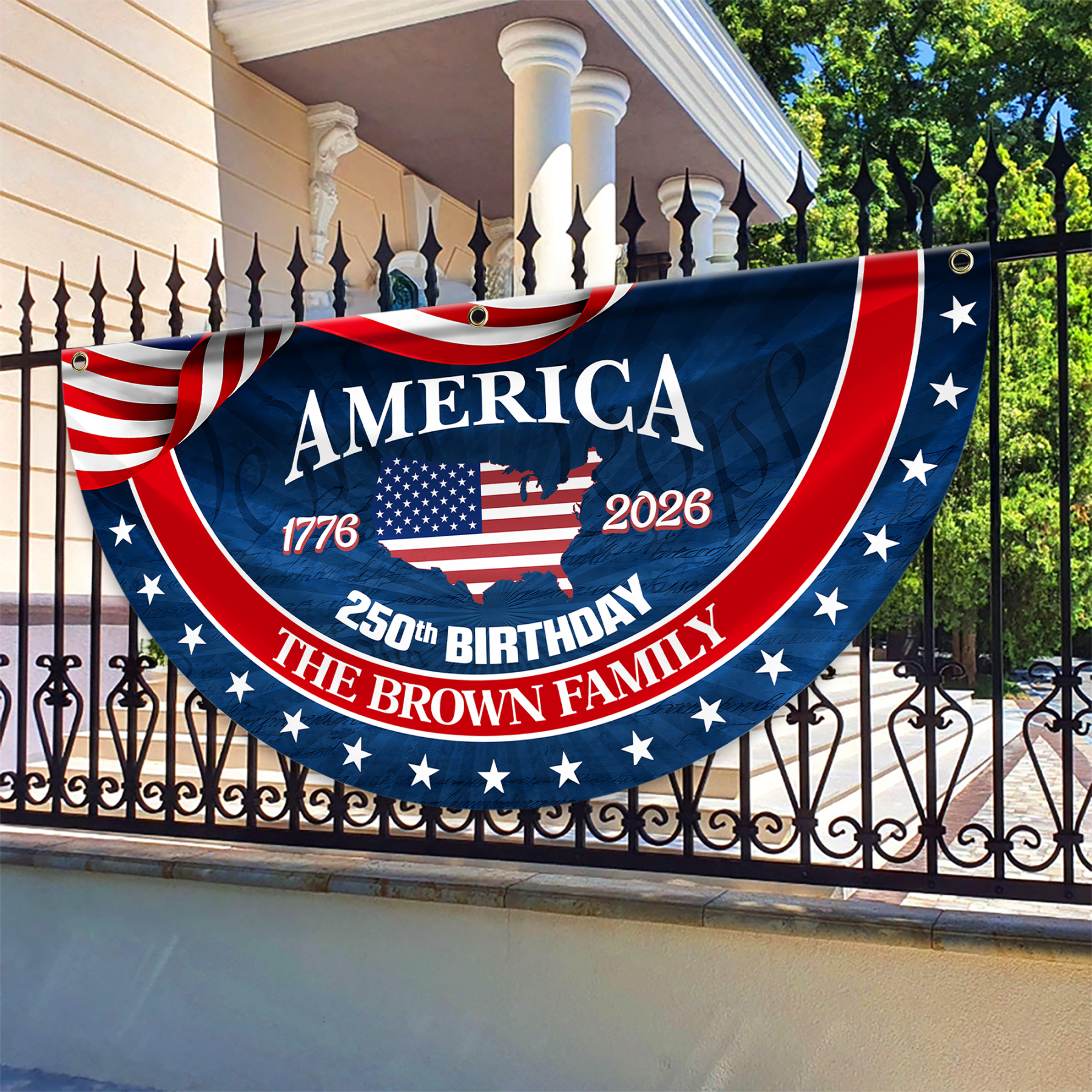 Personalized America 250th Anniversary Bunting Flag Custom Family Name America 250 Birthday 1776-2026 Non-Pleated Fan Flag
