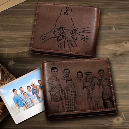 Custom Wallets for Men, Personalized Photo & Name Wallet for Men One Fist Bump Engraved Leather Wallet for Dad Husband Son BF Groomsmen Birthday Anniversary Christmas Father's Day Gifts