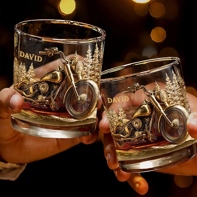 Custom Motorcycle Rider Whiskey Glass, Personalized Biker Bourbon Tumbler, Engraved Name Drinking Glass Gift for Him