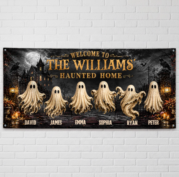 Custom Haunted Home Outdoor Banner - Personalized Halloween Decor Gifts For Mom, Dad, Brother, Sister - Beware Of Our House