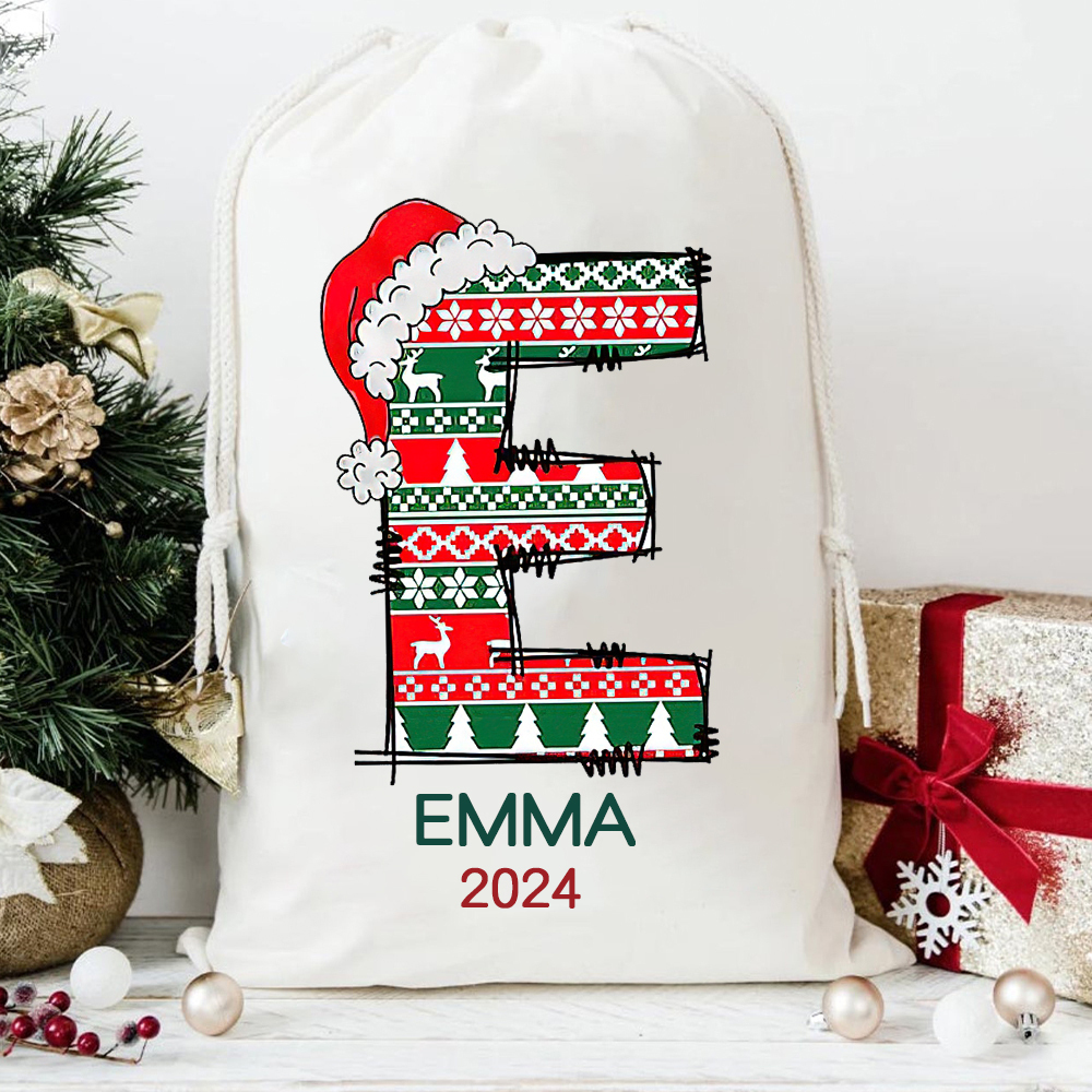 Personalized Christmas Santa Sack, Custom Initial & Name Gift Bag, Holiday Cotton Present Sack for Kids & Adults