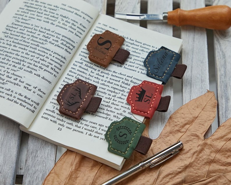 Custom Logo Leather Book Mark with Pen Holder, Engraved Magnetic Bookmark,Leather Magnetic Pen Loop for Notebook,Journal Accessory