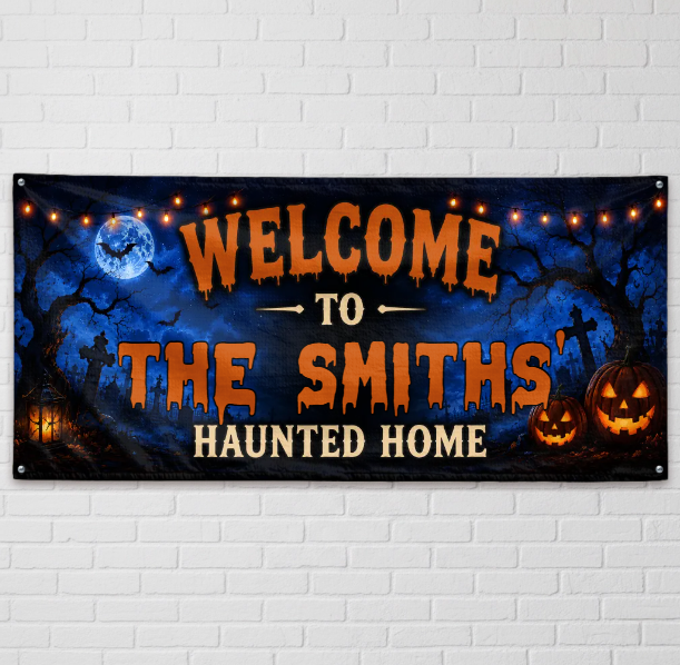 Custom Haunted Home Outdoor Banner - Personalized Halloween Decor Gifts For Mom, Dad, Brother, Sister - Creep It Real This Halloween