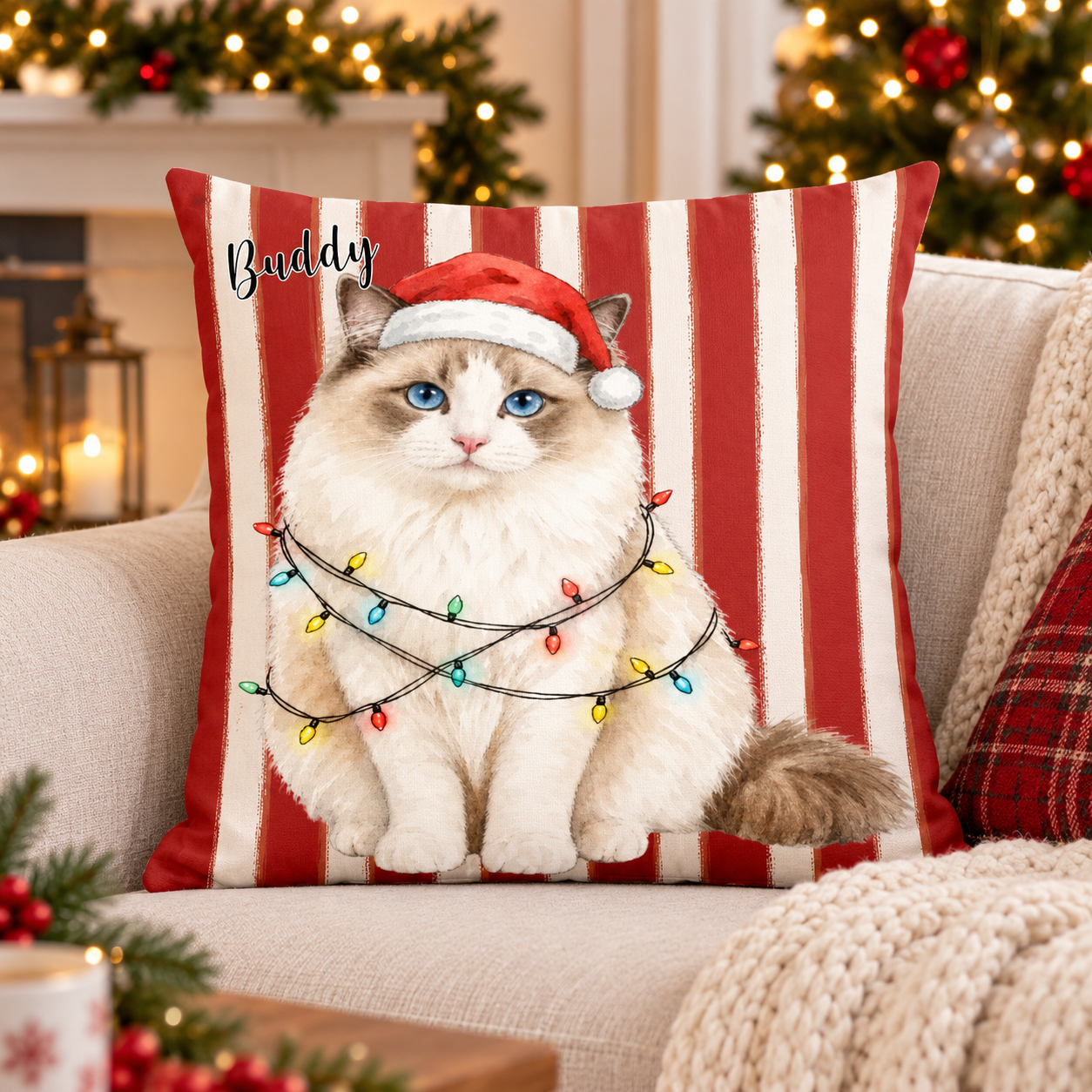Custom Pet Photo Watercolor Art Christmas Winter Decor Gift - Personalized Pillow